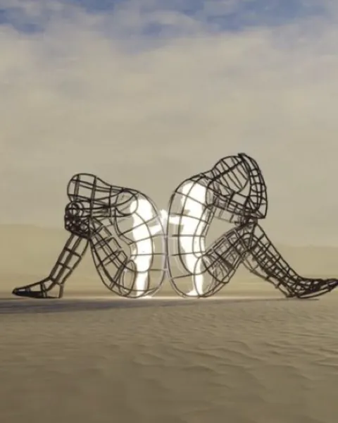 Escultura de dos figuras de alambre sentadas espalda con espalda en el desierto